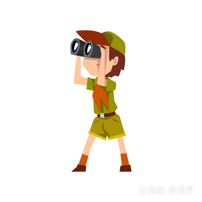 男孩侦察兵制服用望远镜, 户外冒险和生存活动在白色背景下露营矢量
