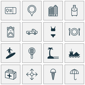 旅行图标设置与油轮, 医药, 海边的地方和其他背包元素。独立矢量插图旅行图标
