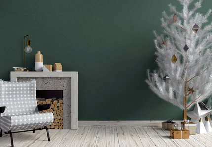 现代闪亮的圣诞内饰与壁炉, 斯堪的纳维亚风格。墙上的模拟。3d 插图