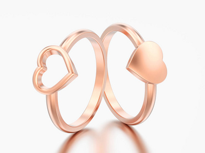 3d 例证二玫瑰色金子订婚婚礼心脏圆环在灰色背景