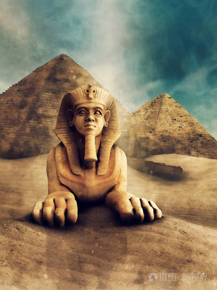 沙漠景观与一个狮身人面像和古埃及金字塔的石头雕像.3d 渲染