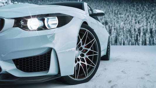 白色的汽车在雪地里。3d 渲染和插图