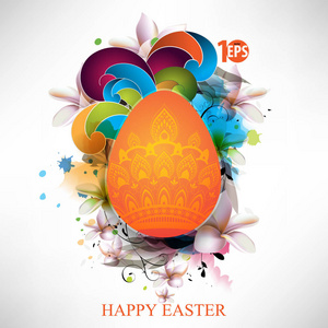 复活节贺卡带鸡蛋, 花和彩色墨水的图示元素, 矢量插图