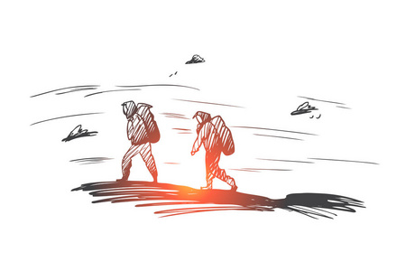 高山的齿轮高山, 攀登, 极端, 体育概念.手绘隔离矢量照片