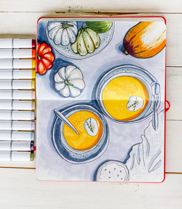 素描南瓜汤, 平躺的标志画照片