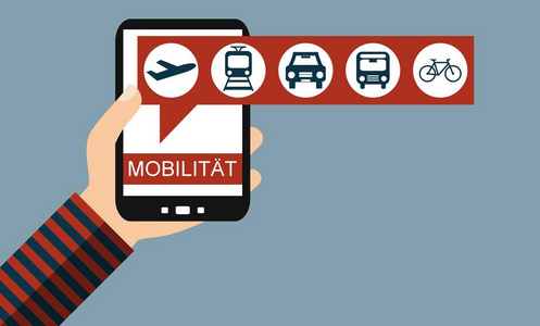 手持智能手机移动在德国语言 飞机火车巴士自行车平面设计
