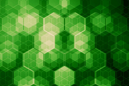 技术背景。许多六角链与光。抽象背景。绿色色调