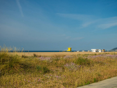 Castelldefels 海滩从长廊, 你可以看到沙丘和当地植物除了海滩