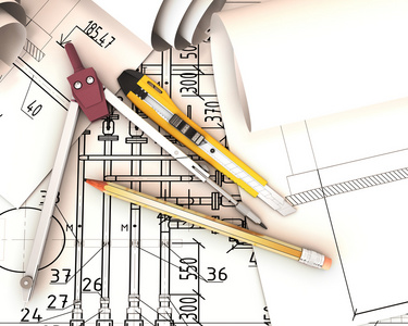 工程图纸和工具的卷轴图片