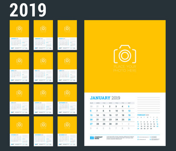 2019年的挂历规划模板。设置12月。星期从星期日开始。矢量插图