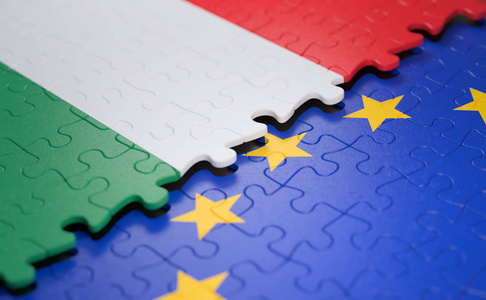 在政治和经济联盟概念上的拼图形式的匈牙利和欧洲联盟的旗帜