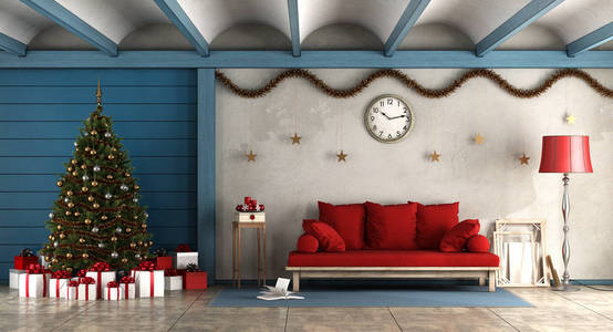 乡村风格的客厅与圣诞节装饰3d 渲染
