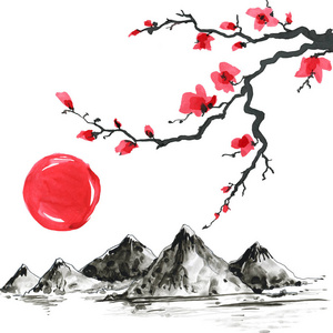 日本风格的山脉。水彩手绘插画