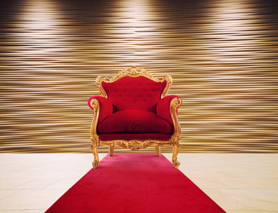 红色和金色的豪华扶手椅。成功与光荣的概念