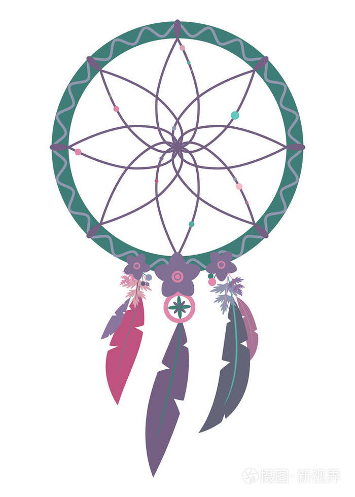 彩色波西米亚 dreamcatcher 在白色背景下分离的矢量图
