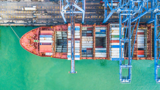 集装箱俯视空中俯视集装箱货船, 商业进口出口物流和国际集装箱货船在