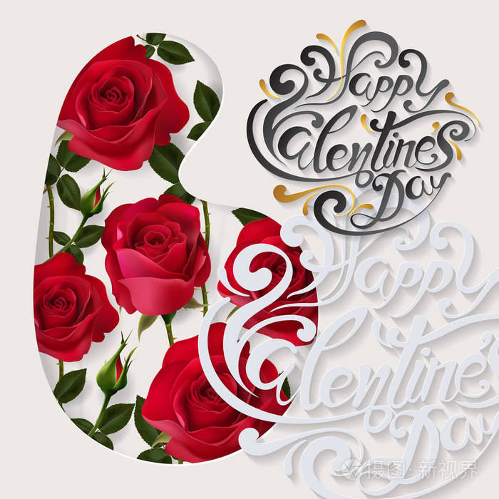 情人节贺卡模板与现实的美丽的玫瑰和心脏背景颜色