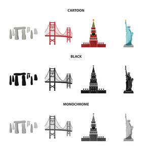 不同国家的景点卡通, 黑色, 单色图标在集合中进行设计。著名建筑矢量符号股票 web 插图