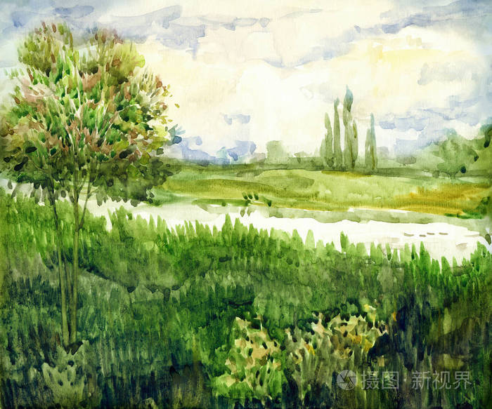 色彩鲜艳的手绘水彩画素描画在纸质背景上 文本上有空间黄昏天堂 宁静柔和浪漫的春天黎明的景色 小桦木在平静海湾看法照片 正版商用图片0m8s 摄图新视界