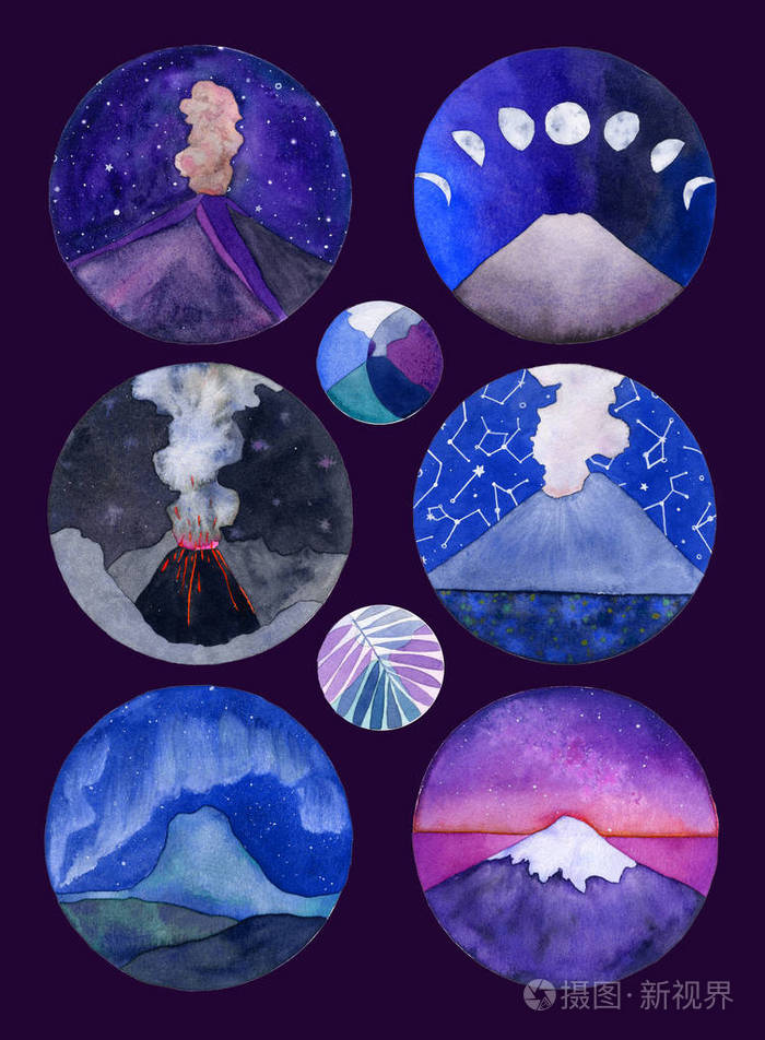 水彩插图集 手绘山景观与星光夜 月亮阶段 天空 树叶和灰在白色背景的圆圈隔离照片 正版商用图片0mli 摄图新视界