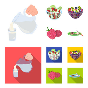 水果, 蔬菜沙拉和其他类型的食物。食品集合图标卡通, 平面风格矢量符号股票插画网站