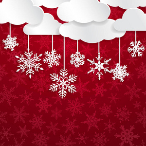 红色背景上挂着白云和雪花的圣诞插图