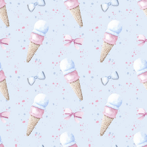 手绘水彩插画无缝图案粉彩小女孩粉红色的蓝色冰淇淋弓丝带五彩纸屑