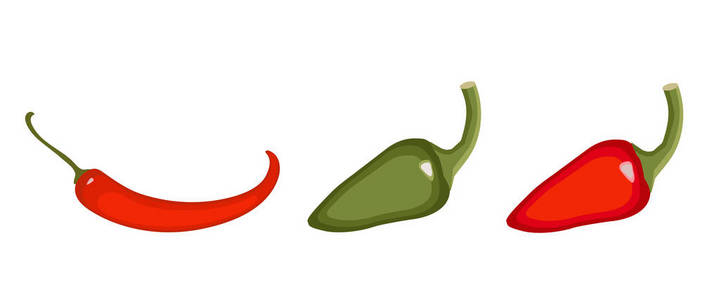 一组红辣椒和青椒。蔬菜, 图标在孤立的背景概念市场有机食品的平面矢量图