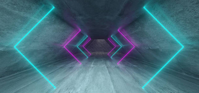 未来科幻混凝土长三角形隧道空空间内有发光霓虹灯3d 渲染插图