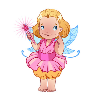 小可爱的仙女穿着粉红色的连衣裙，用魔杖