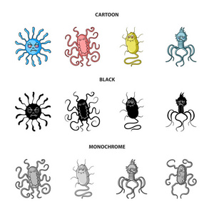 不同类型的微生物和。和细菌集合图标在卡通, 黑色, 单色风格矢量符号股票插图