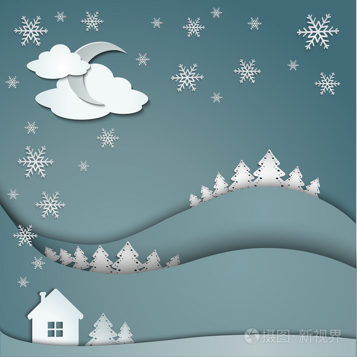 冬天的雪花树房子贴纸背景