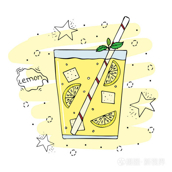 手工绘制的柠檬水插图在玻璃与柠檬和冰段