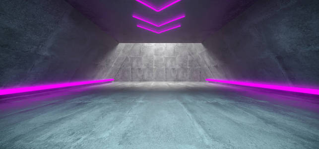 未来科幻混凝土长三角形隧道在空空间3d 渲染插图中带有紫色发光的霓虹灯符号和箭头