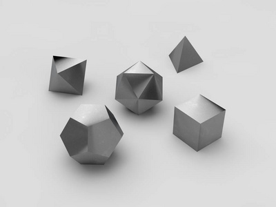 几何形状八面体四面体六面体十二面体二十面体银和铂金镀钢镀钢设置白色背景隔离。3d 渲染