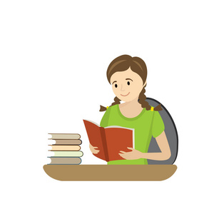 少年读书, 卡通女孩在白色背景下被隔绝照片