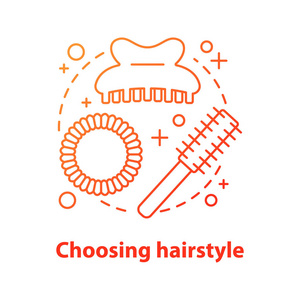 选择发型概念图标。美发思想薄线插图。毛刷和爪夹, 犹豫。矢量隔离轮廓图