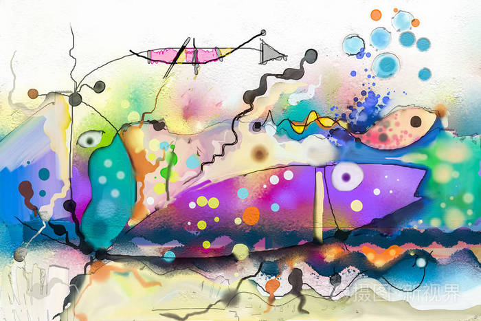 鱼在海里的形象.手绘, 儿童绘画的超现实主义风格背景