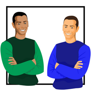 两个年轻的微笑的家伙与不同种族的交叉武器的肖像。穿着五颜六色 t恤衫的男士长袖