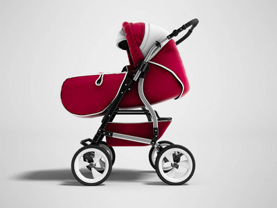 现代红色婴儿推车变压器全季3d 渲染在灰色背景与阴影
