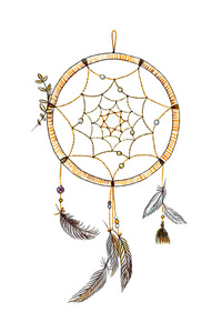 手绘华丽的梦幻捕手与羽毛在柔和时髦的颜色。占星术, 灵性, 魔术符号。族裔部落元素