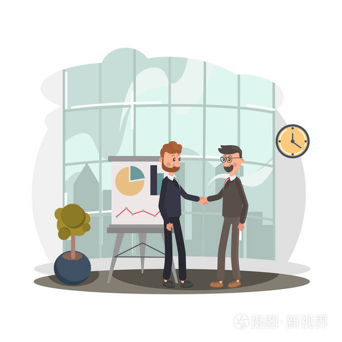 两个生意人握手彩色平面插图