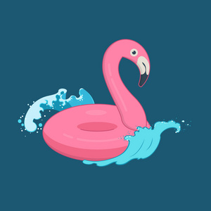 可爱的粉红色火烈鸟充气池漂浮在波浪上。充气游泳池环。蓝色背景上的平面矢量图