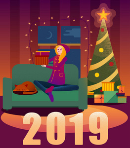 快乐新年2019年卡与女孩和圣诞树