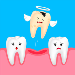 有趣的可爱卡通缺失的牙齿。牙科护理的概念。在蓝色背景上隔离的插图