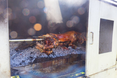 传统的巴尔干菜整只小猪在篝火上烧烤
