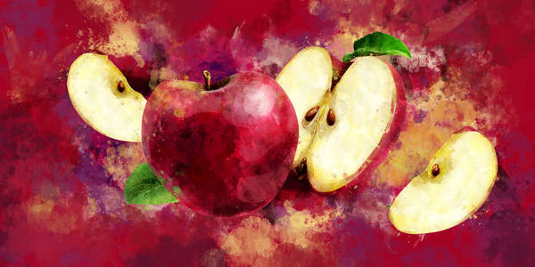红苹果在深红色背景。水彩插图