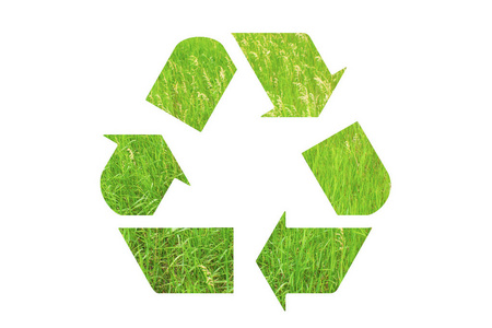 回收标志标志的绿色草, 隔离在白色背景。生态概念。生态与污染问题