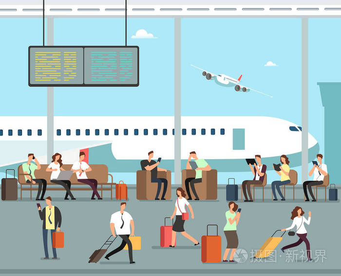商务人士携带行李在机场矢量旅行概念插画-正版商用图片08azde-摄图新