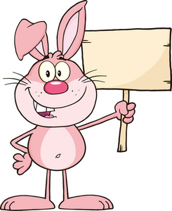 有趣的粉红色兔子卡通人物拿着一块木板
